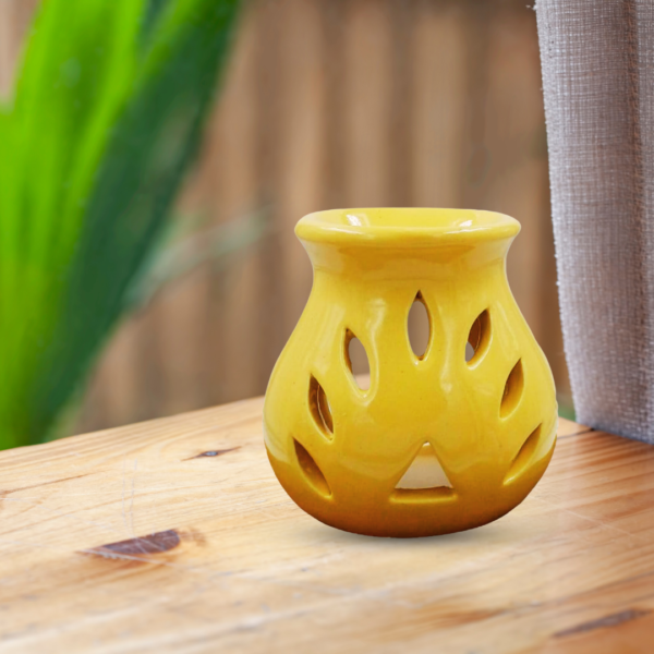 Yellow Ceramic Tea Light Aroma Diffuser With Leaf Pattern