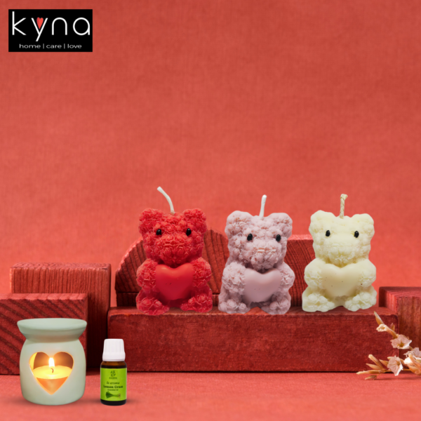Kyna Special Valentine’s Day Aromatic Gift Hamper| Adorable Scented Teddy Candle(Set of 3) and Heart Shape Diffuser